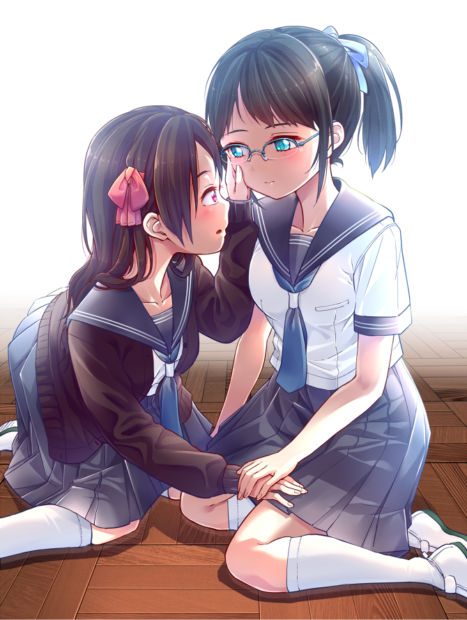 2girls black_hair blazer blue_bow blue_neckwear blue_ribbon blush bow breasts commentary_request eye_contact floor glasses green_eyes hair_bow hand_on_another's_face holding_hand jacket kneeling long_hair looking_at_another mendou_saya multiple_girls necktie on_floor open_mouth original pink_bow pleated_skirt ponytail red_eyes ribbon sailor_collar school_uniform serafuku shirt sitting skirt white_legwear white_shirt yuri
