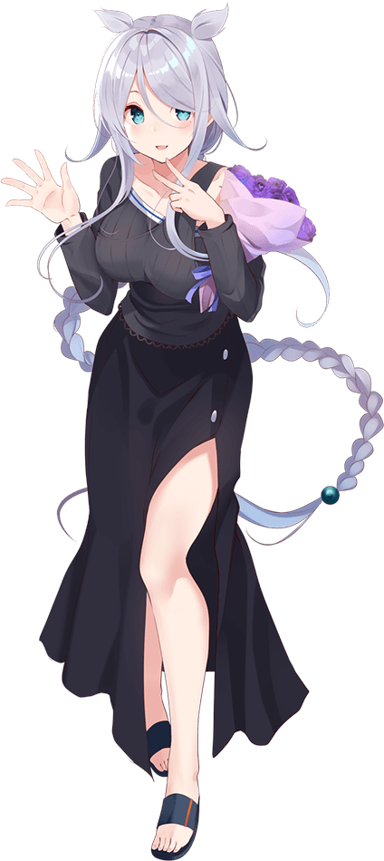 1girl alternate_costume black_skirt black_sweater blue_eyes blush bouquet braid breasts collarbone flower full_body kantai_collection kujou_ichiso large_breasts long_hair long_sleeves mole mole_under_eye official_art open_mouth purple_flower ribbed_sweater silver_hair single_braid skirt slippers smile solo sweater transparent_background umikaze_(kantai_collection) very_long_hair