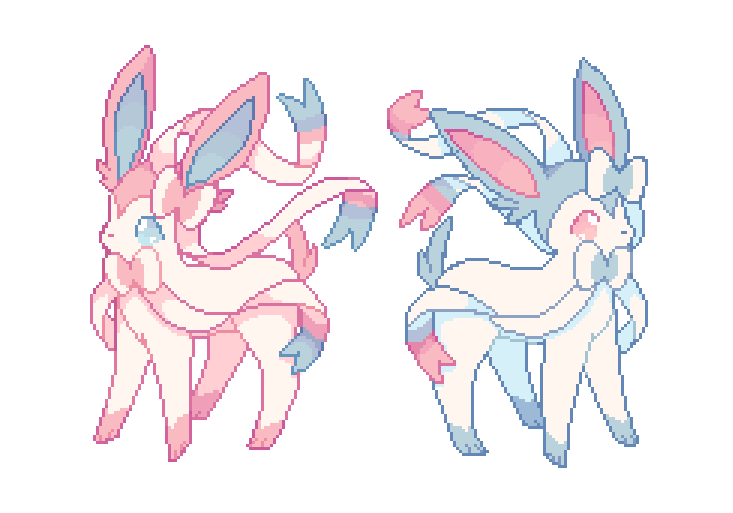 alternate_color back-to-back blue_eyes charamells commentary creature english_commentary full_body gen_6_pokemon no_humans pink_eyes pixel_art pokemon pokemon_(creature) shiny_and_normal shiny_pokemon simple_background standing sylveon white_background