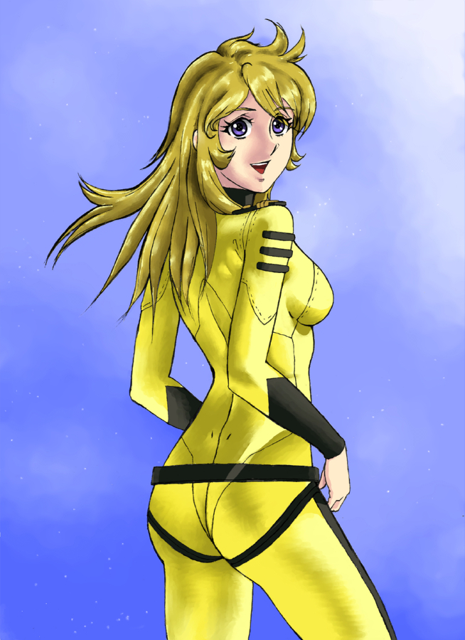 1girl ass blonde_hair bodysuit breasts long_hair looking_at_viewer military military_uniform mori_yuki open_mouth rx92 smile solo space uchuu_senkan_yamato uchuu_senkan_yamato_2199 uchuu_senkan_yamato_2202:_ai_no_senshi-tachi uniform violet_eyes yellow_bodysuit