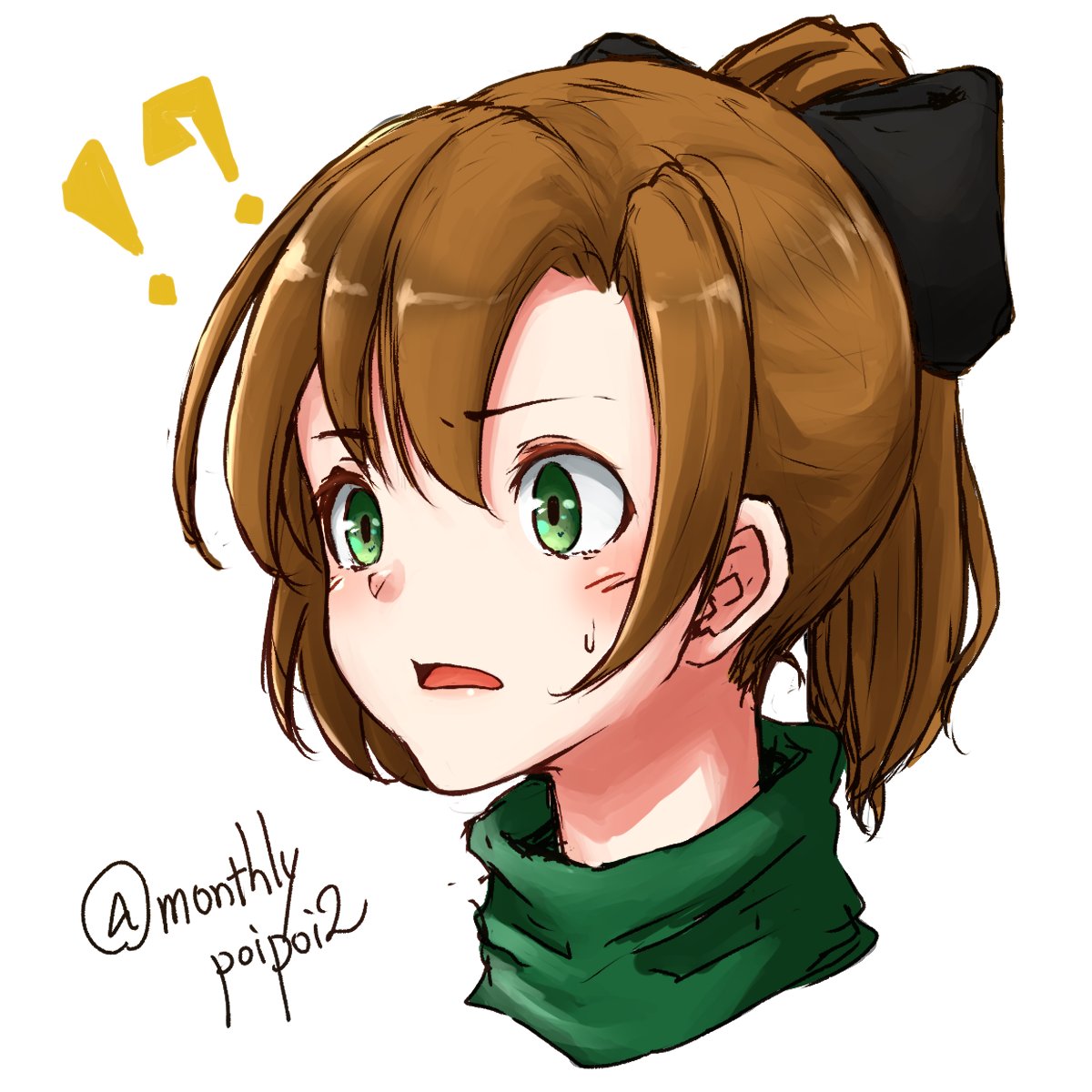 !? 1girl akigumo_(kantai_collection) alternate_hair_length alternate_hairstyle brown_hair commentary_request green_eyes hair_ribbon highres kantai_collection long_hair ponytail portrait ribbon simple_background solo turtleneck twitter_username umibudou upper_body white_background