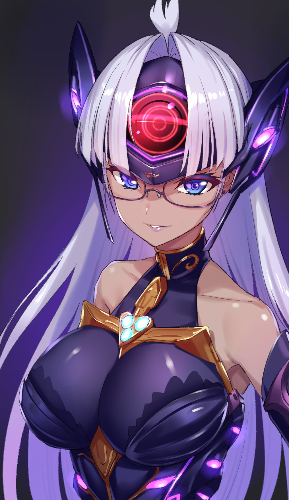 1girl bare_shoulders black_background blue_eyes breasts cyborg dark_skin elbow_gloves forehead_protector glasses gloves green322 highres impossible_clothes large_breasts long_hair purple_background silver_hair smile solo t-elos t-elos_re upper_body xenoblade_(series) xenoblade_2 xenosaga