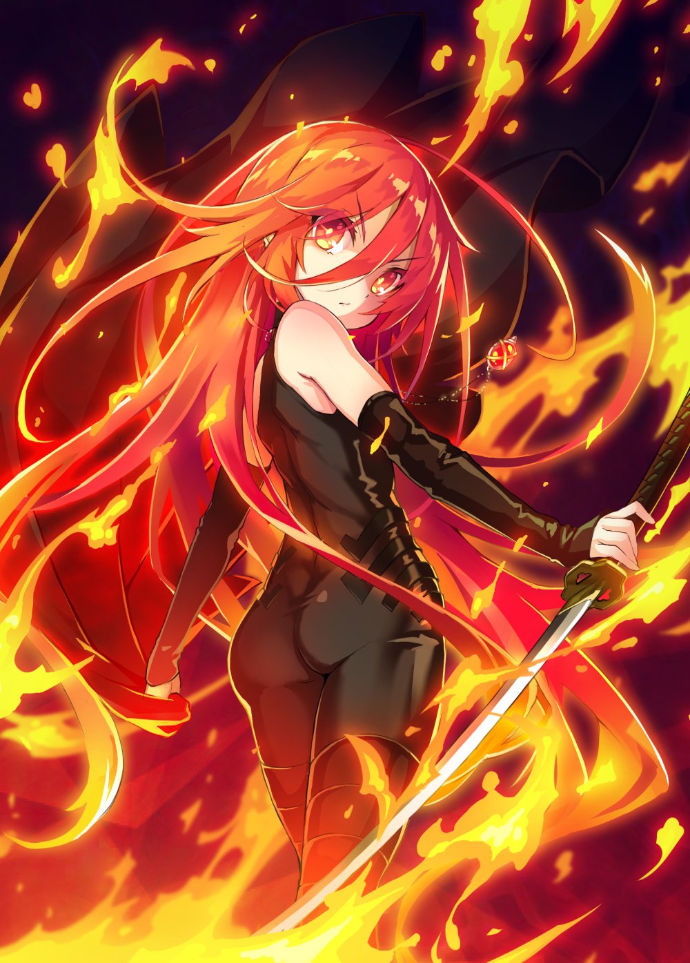 1girl alastor_(shakugan_no_shana) ass black_background bodysuit fiery_hair fire floating_hair from_behind hair_between_eyes highres holding holding_sword holding_weapon long_hair looking_at_viewer looking_back red_eyes redhead roke shakugan_no_shana shana solo standing sword very_long_hair weapon