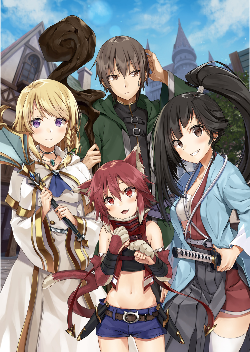 1boy 3girls :3 animal_ears ascot asymmetrical_hair bare_shoulders black_hair blonde_hair blue_neckwear blue_shorts blush braid breasts brown_eyes capelet cat_ears cat_tail character_request clenched_hands closed_mouth collarbone cover_image cowboy_shot crop_top day eyebrows_visible_through_hair fang gloves gold_trim groin hair_between_eyes hands_up head_tilt high_ponytail highres holding holding_weapon hood hood_down jewelry kakao_rantan katana large_breasts long_hair long_sleeves looking_at_viewer mace majutsu_gakuin_wo_shuseki_de_sotsugyou_shita_ore_ga_boukensha_wo_hajimeru_no_wa_sonna_ni_okashii_darou_ka medium_breasts midriff multiple_girls navel necklace novel_illustration official_art open_mouth outdoors paw_gloves paws red_eyes red_gloves redhead robe sarashi scabbard sheath sheathed short_hair short_shorts shorts sidelocks sleeveless smile stomach sword tail teeth textless thigh-highs two-handed violet_eyes weapon white_capelet white_legwear white_robe wide_sleeves
