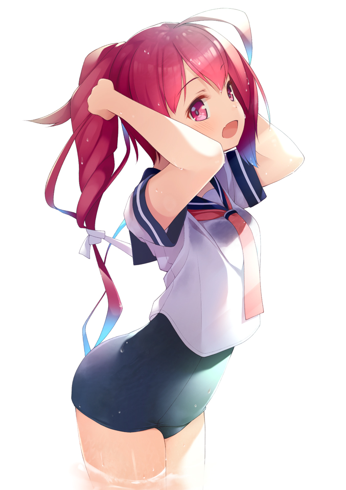1girl arms_behind_head arms_up blue_sailor_collar cowboy_shot hair_ribbon i-168_(kantai_collection) kantai_collection long_hair mofu_namako neckerchief open_mouth pink_neckwear ponytail red_eyes redhead ribbon sailor_collar sailor_shirt school_swimsuit school_uniform serafuku shirt simple_background solo swimsuit swimsuit_under_clothes white_background