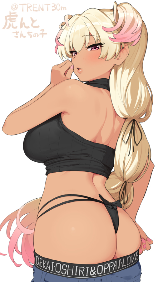 1girl ass bare_arms bare_shoulders black_panties black_shirt blue_shorts breasts cowboy_shot crop_top gradient_hair halter_top halterneck large_breasts long_hair looking_at_viewer looking_back multicolored_hair omaru_gyuunyuu original panties parted_lips pink_eyes shirt shorts sleeveless sleeveless_shirt solo string_panties two_side_up underwear very_long_hair white_background