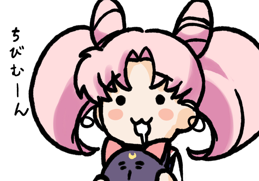 1girl bishoujo_senshi_sailor_moon black_cat cat chibi chibi_usa crescent_moon double_bun drooling eretto holding holding_cat long_hair luna_(sailor_moon) moon nyoro~n pink_hair sailor_chibi_moon simple_background smile twintails upper_body white_background