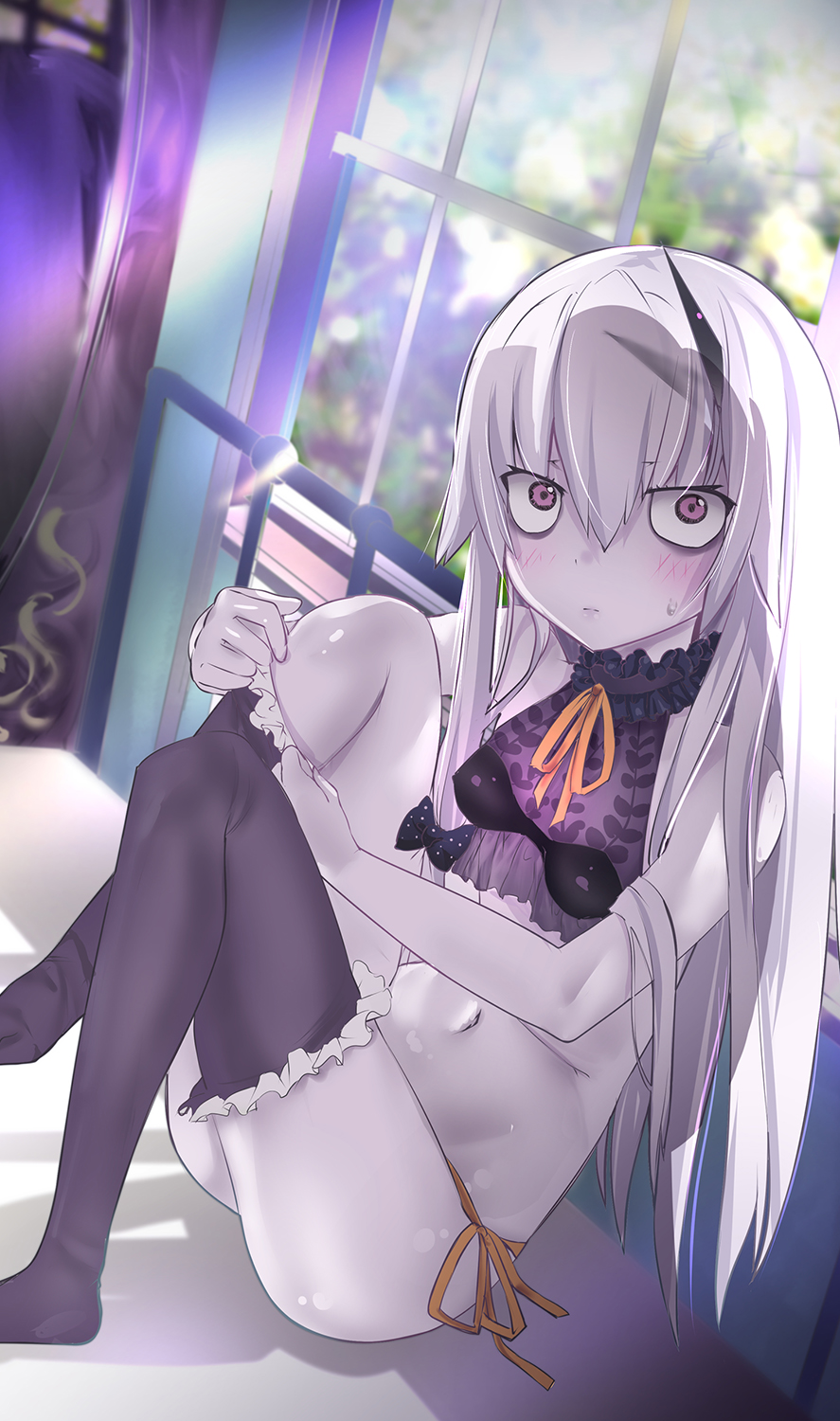 1girl bags_under_eyes bangs bare_shoulders black_bra black_legwear blush bra breasts closed_mouth crop_top fate/grand_order fate_(series) hair_between_eyes highres horn knees_up lavinia_whateley_(fate/grand_order) long_hair looking_at_viewer mezashi_gohan pale_skin see-through sheer_clothes sitting small_breasts thigh-highs underwear violet_eyes white_hair wide-eyed window