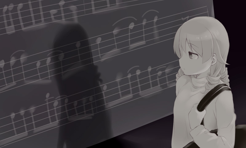 1girl bag bangs beamed_eighth_notes breasts closed_mouth eyebrows_visible_through_hair greyscale holding_strap idolmaster idolmaster_cinderella_girls long_hair long_sleeves looking_away looking_to_the_side monochrome morikubo_nono musical_note ringlets small_breasts solo standing sweater turtleneck turtleneck_sweater upper_body ushi