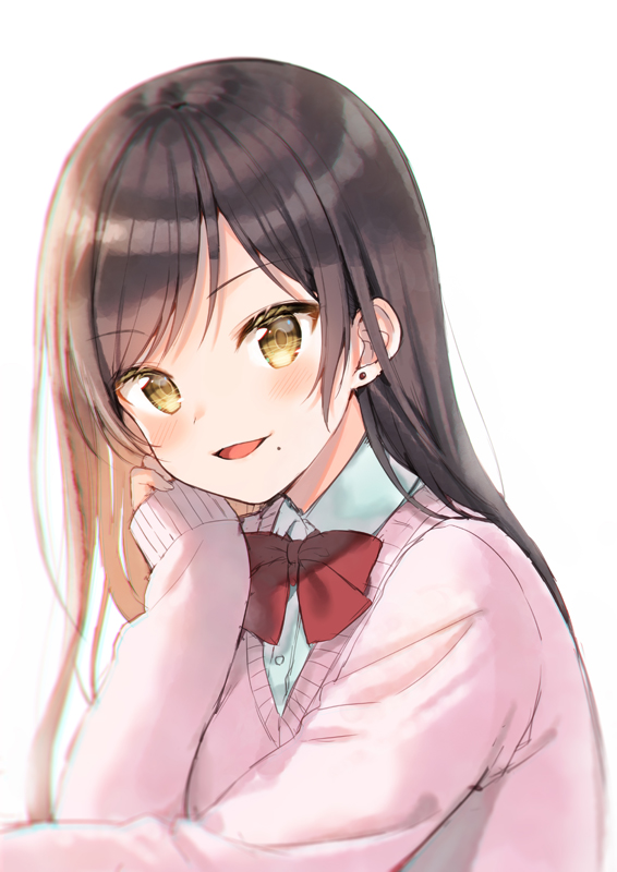 1girl :d bangs blush bow brown_eyes brown_hair collared_shirt commentary_request dress_shirt earrings eyebrows_visible_through_hair hand_up jewelry long_hair long_sleeves midorikawa_you mole mole_under_mouth open_mouth original pink_sweater red_bow school_uniform shirt simple_background sleeves_past_wrists smile solo stud_earrings sweater swept_bangs upper_body white_background white_shirt