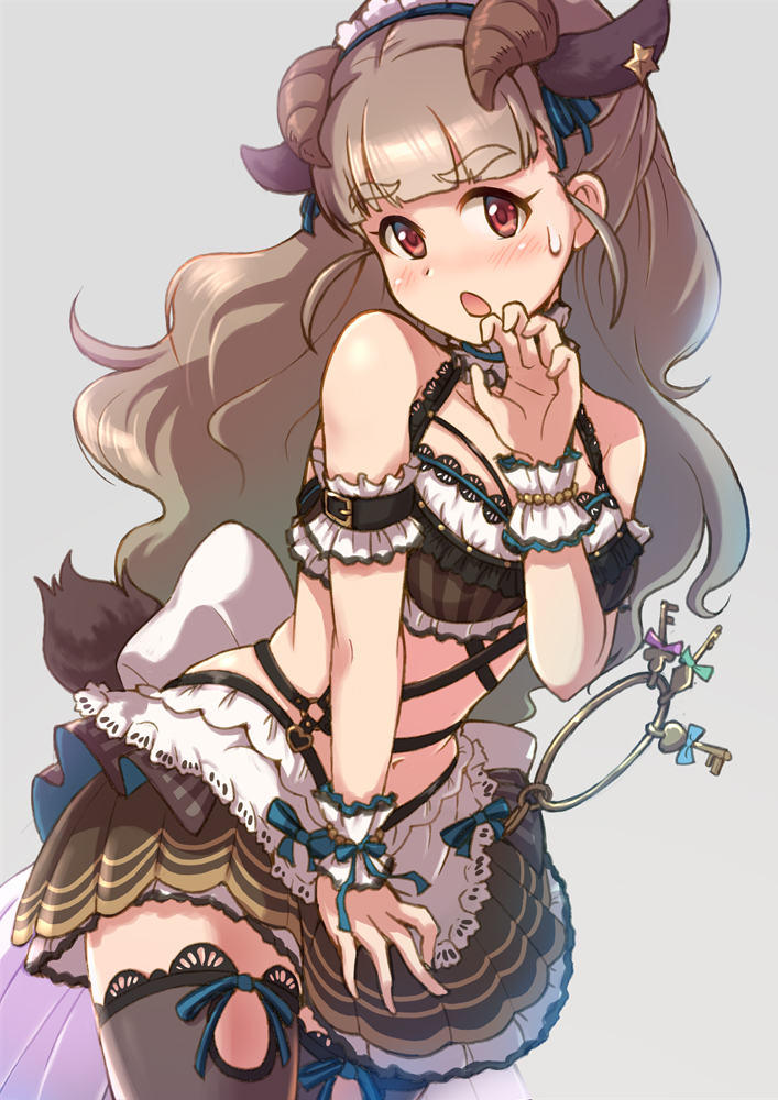 1girl animal_ears back_bow bangs blue_ribbon blunt_bangs blush bow bra brown_bra brown_hair brown_skirt choker collarbone eyebrows_visible_through_hair grey_background hair_ribbon horns idolmaster idolmaster_cinderella_girls kamiya_nao long_hair looking_at_viewer maid_headdress midriff miniskirt navel open_mouth pleated_skirt red_eyes ribbon satomura_kyou shiny shiny_hair skirt solo standing star stomach striped tail thigh_strap underwear vertical-striped_bra vertical_stripes white_bow wrist_cuffs