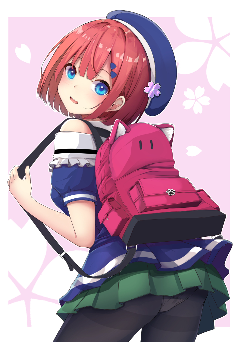 1girl :d animal_ear_fluff animal_ears ass backpack bag bangs bare_shoulders beret black_legwear blue_eyes blue_headwear blue_jacket blush brown_hair cherry_blossoms commentary_request eyebrows_behind_hair fake_animal_ears floral_background green_skirt hat jacket leaning_forward looking_at_viewer looking_back minato_yu open_mouth original panties panties_under_pantyhose pantyhose pink_background pleated_skirt puffy_short_sleeves puffy_sleeves short_sleeves skirt smile solo thighband_pantyhose two-tone_background underwear upper_teeth white_background