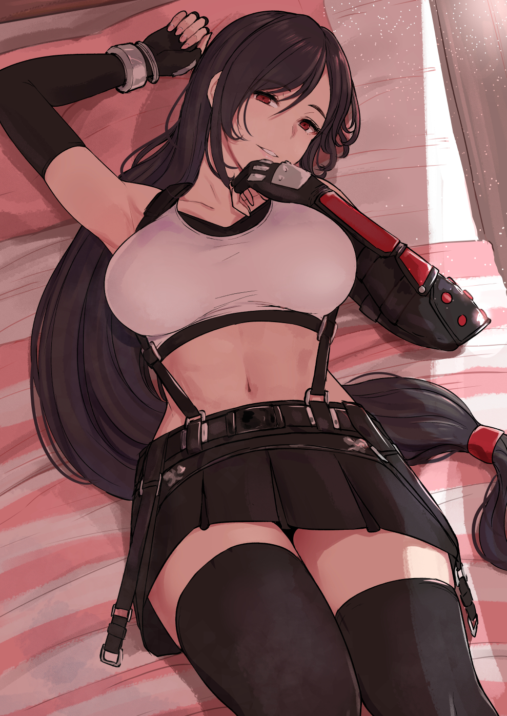 1girl bangs bare_shoulders belt black_gloves black_hair black_legwear black_skirt blush breasts collarbone elbow_gloves elbow_pads final_fantasy final_fantasy_vii final_fantasy_vii_remake fingerless_gloves gloves highres large_breasts long_hair looking_at_viewer low-tied_long_hair lying midriff miyamoto_issa navel on_back on_bed pillow red_eyes shirt skirt smile suspender_skirt suspenders tank_top taut_clothes taut_shirt thigh-highs thighs tifa_lockhart white_tank_top