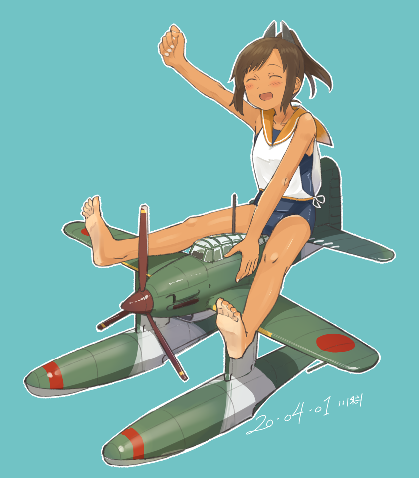 1girl aircraft airplane barefoot blue_background brown_hair closed_eyes dated feet full_body hair_ornament hairclip i-401_(kantai_collection) kantai_collection kawashina_(momen_silicon) m6a_seiran one-piece_swimsuit one-piece_tan orange_sailor_collar ponytail riding sailor_collar school_swimsuit shirt short_ponytail side-tie_shirt signature simple_background sleeveless sleeveless_shirt smile soles solo swimsuit swimsuit_under_clothes tan tanline toes