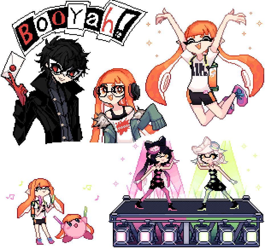 1boy 3girls :d ^_^ amamiya_ren aori_(splatoon) black_hair black_ribbon black_shorts character_request charamells closed_eyes closed_mouth commentary dancing english_commentary glasses hair_ribbon hotaru_(splatoon) inkling jumping kirby kirby_(series) legs_apart long_hair looking_at_viewer multiple_girls one_eye_closed open_mouth orange_hair persona persona_5 pixel_art ribbon sakura_futaba shorts simple_background smile sparkle splatoon_(series) spotlight standing super_smash_bros. white_background yellow_eyes