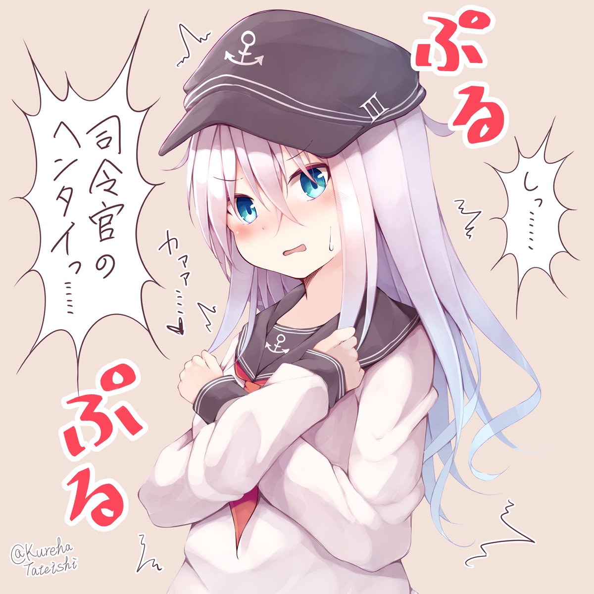 1girl anchor_symbol black_sailor_collar blue_eyes blush breasts commentary_request crossed_arms embarrassed eyebrows_visible_through_hair gradient gradient_background hair_between_eyes hair_ornament hamayuu_(litore) hat hibiki_(kantai_collection) highres kantai_collection long_hair long_sleeves looking_at_viewer neckerchief red_neckwear sailor_collar school_uniform serafuku shirt silver_hair small_breasts solo sweatdrop translation_request white_shirt