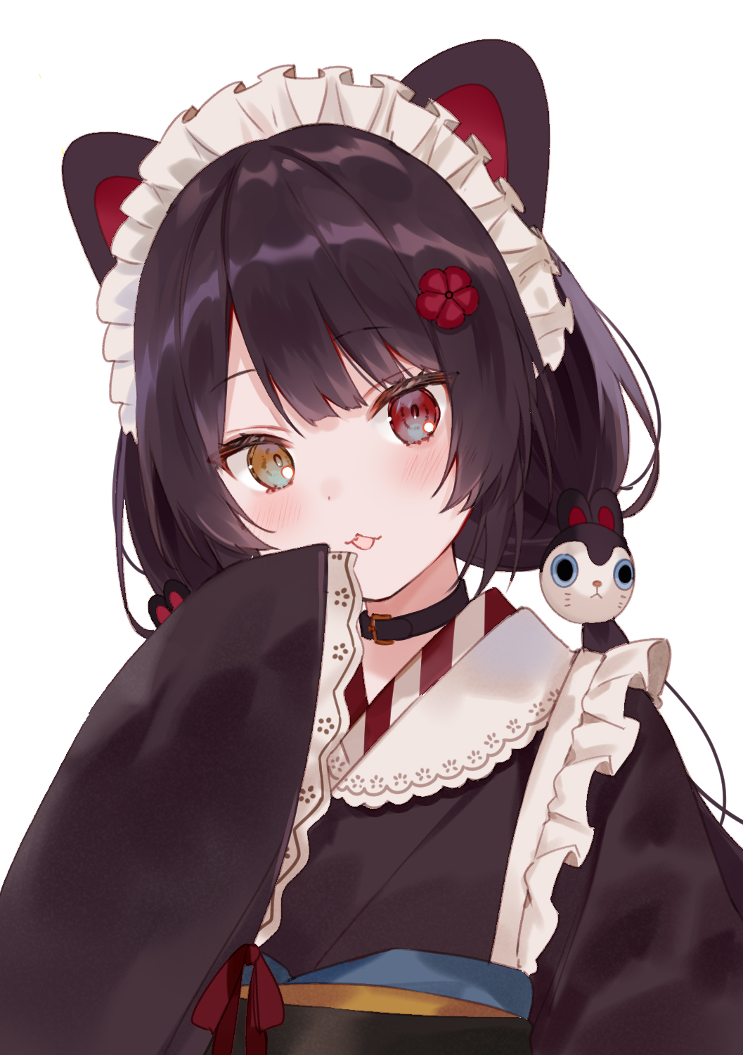 1girl :3 animal_ears bangs black_hair blush dog_ears dog_girl dog_hair_ornament flower fukahire_(ruinon) hair_flower hair_ornament heterochromia highres inui_toko japanese_clothes kimono long_hair long_sleeves low_twintails nijisanji obi open_mouth red_eyes sash simple_background sleeves_past_wrists smile solo twintails upper_body very_long_hair virtual_youtuber wa_maid white_background yellow_eyes