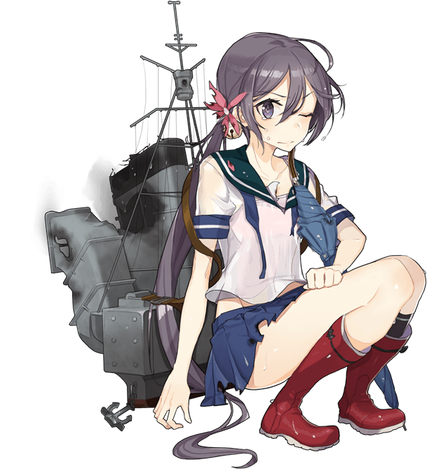 1girl akebono_(kantai_collection) bell black_legwear boots closed_umbrella damaged drew_(drew213g) flower full_body hair_bell hair_between_eyes hair_flower hair_ornament jingle_bell kantai_collection long_hair long_ponytail machinery official_art one_eye_closed purple_hair red_footwear rubber_boots school_uniform serafuku side_ponytail sitting skirt smoke solo tears torn_clothes torn_skirt transparent_background umbrella very_long_hair violet_eyes wet wet_clothes