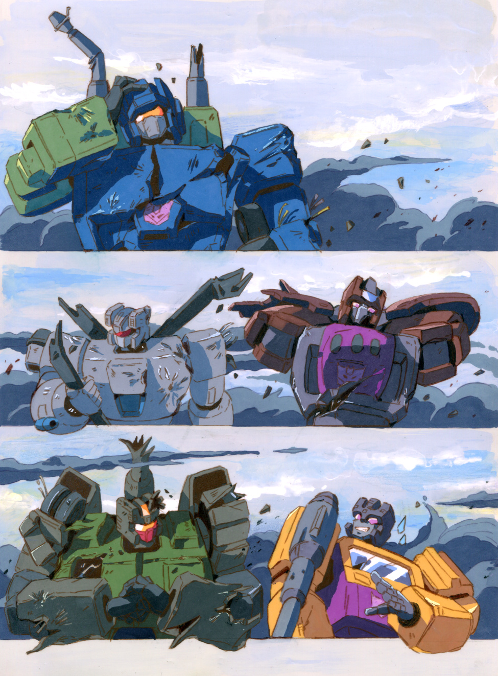 1980s_(style) 5boys aircraft angry arms_behind_head blade blast_off brawl broken broken_weapon clouds cloudy_sky cracking_knuckles damaged decepticon ground_vehicle helicopter highres jeep marble-v mecha military military_vehicle motor_vehicle multiple_boys nervous nervous_smile no_humans oldschool onslaught red_eyes rocket sky swindle_(transformers) tank transformers violet_eyes vortex_(transformers) weapon