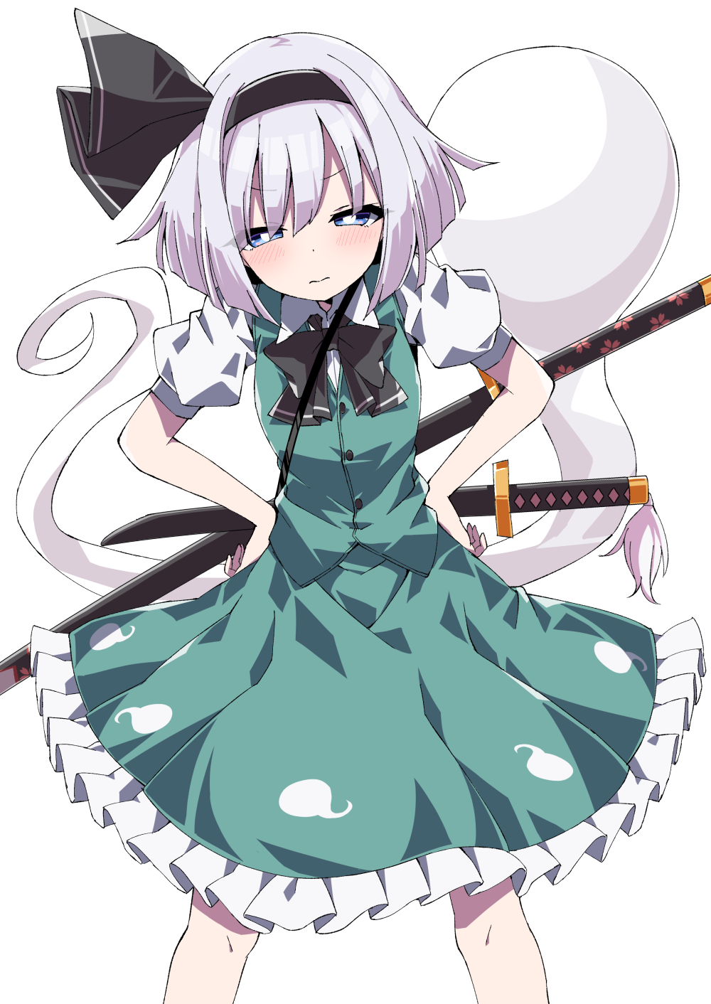 1girl black_neckwear blue_eyes bob_cut bow bowtie bright_pupils commentary_request cropped_legs expressionless eyebrows_visible_through_hair green_skirt green_vest hair_between_eyes hands_on_hips highres konpaku_youmu konpaku_youmu_(ghost) leaning_to_the_side partial_commentary petticoat puffy_short_sleeves puffy_sleeves scabbard sheath sheathed shirt short_hair short_sleeves silver_hair simple_background skirt solo standing sword touhou tsukimirin vest weapon white_background white_pupils white_shirt