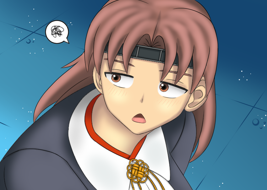 1girl bangs bishoujo_senshi_sailor_moon blazer blue_background brown_eyes brown_hair chestnut_mouth chiyoda_(kantai_collection) headband jacket kantai_collection looking_to_the_side medium_hair meme neckwear parted_bangs sailor_moon_redraw_challenge simple_background solo squiggle upper_body