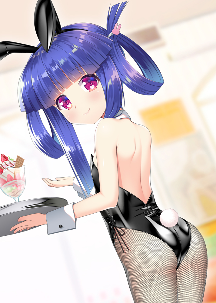 1girl animal_ears ass bangs bare_shoulders black_leotard blue_hair blunt_bangs blurry blurry_background blush breasts bunny_girl bunny_tail bunnysuit closed_mouth commentary_request depth_of_field dutch_angle eyebrows_visible_through_hair fishnet_legwear fishnets furude_rika gaou hair_rings heart heart_in_eye higurashi_no_naku_koro_ni holding holding_tray indoors leotard long_hair looking_at_viewer looking_back pantyhose rabbit_ears red_eyes sidelocks small_breasts smile solo strapless strapless_leotard symbol_in_eye tail tray wrist_cuffs