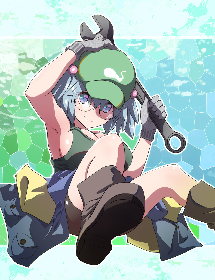 1girl blue_eyes blue_hair boots breasts clothes_around_waist glasses gloves hair_bobbles hair_ornament hat kawashiro_nitori large_breasts otoufu_(wddkq314band) smile tank_top touhou wrench