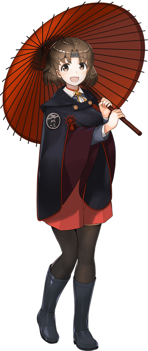 1girl :d black_footwear black_legwear boots breasts brown_eyes brown_hair chiyoda_(kantai_collection) full_body hakama headband holding holding_umbrella japanese_clothes kantai_collection knee_boots kuuro_kuro long_sleeves medium_breasts official_art open_mouth oriental_umbrella pantyhose raincoat rubber_boots short_hair skirt smile solo standing thigh-highs transparent_background umbrella