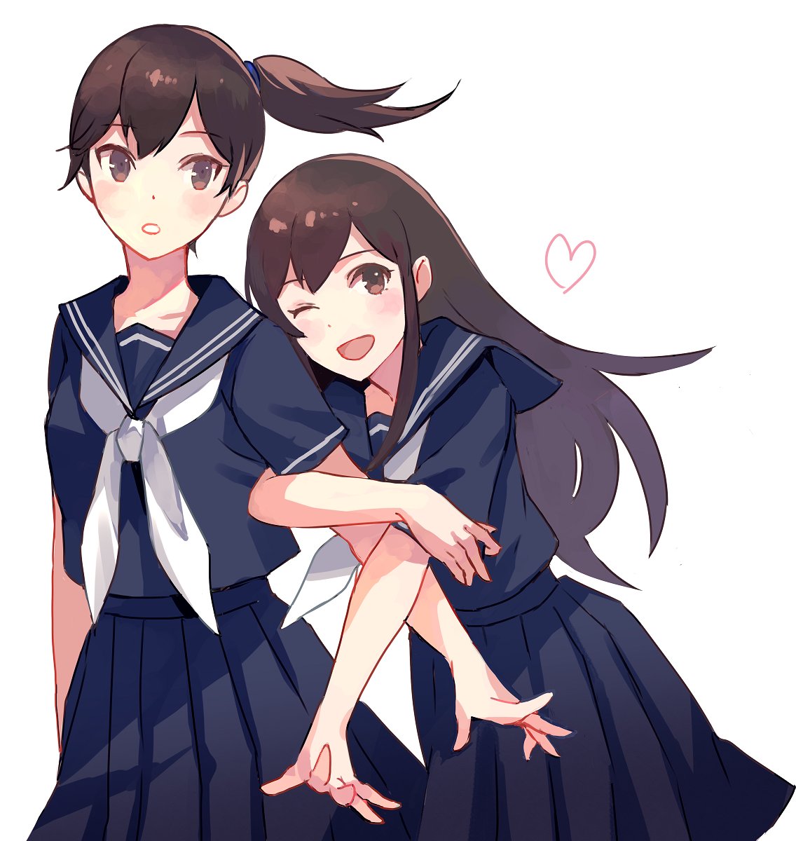 2girls akagi_(kantai_collection) arm_hug black_eyes black_serafuku brown_eyes cowboy_shot highres kaga_(kantai_collection) kantai_collection kasumi_(skchkko) long_hair looking_at_viewer matching_outfit multiple_girls neckerchief pleated_skirt school_uniform serafuku short_sleeves side_ponytail simple_background skirt white_background white_neckwear