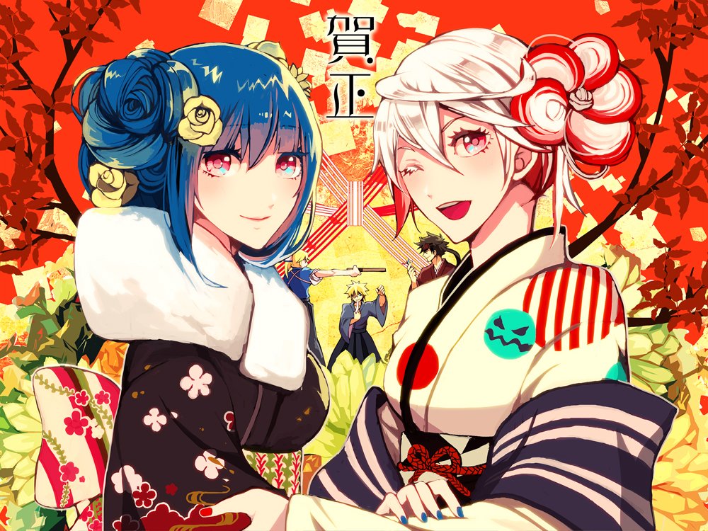 2girls 3boys bangs blonde_hair blue_hair brown_hair dizzy_(guilty_gear) family father_and_son flower grandfather_and_grandson guilty_gear guilty_gear_xrd headband holding_arm husband_and_wife jack-o'_valentine japanese_clothes kimono ky_kiske leaf matches mother_and_daughter multicolored multicolored_background multicolored_clothes multicolored_hair multiple_boys multiple_girls nbtkm parted_lips ponytail red_eyes short_hair sin_kiske smile sol_badguy tied_hair translation_request tree