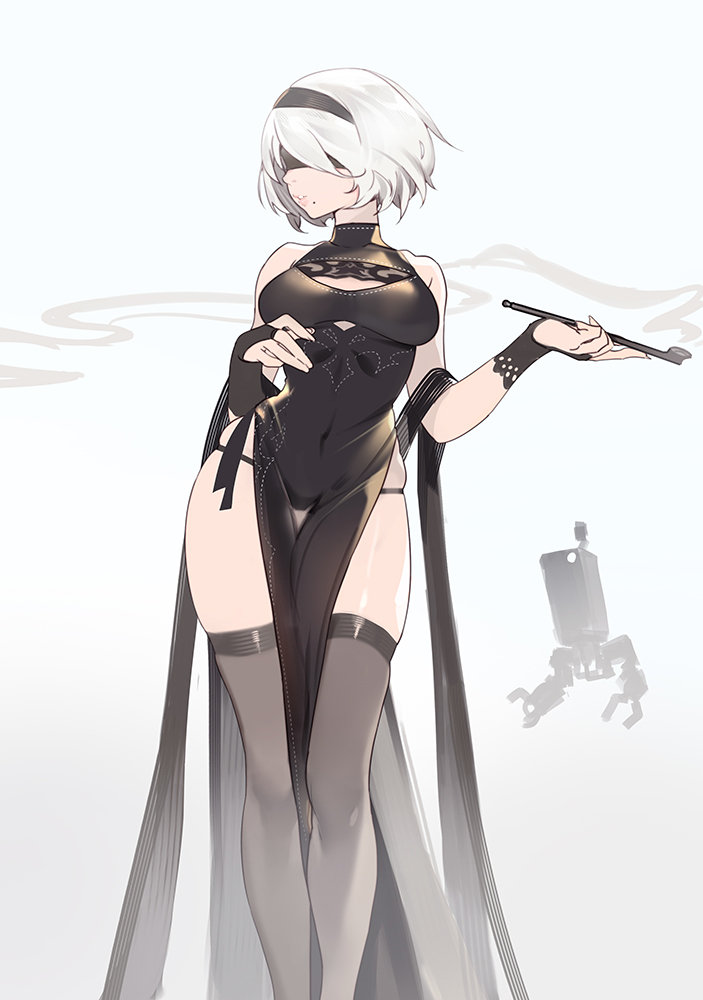 1girl black_dress black_panties blindfold breasts bridal_gauntlets china_dress chinese_clothes covered_eyes covered_navel dress hairband large_breasts lips mole mole_under_mouth nier_(series) nier_automata panties parted_lips pelvic_curtain pipe pod_(nier_automata) shawl short_hair side_slit skindentation sleeveless sleeveless_dress string_panties thigh-highs thighs thong underwear white_hair xiaoshou_xiansheng yorha_no._2_type_b