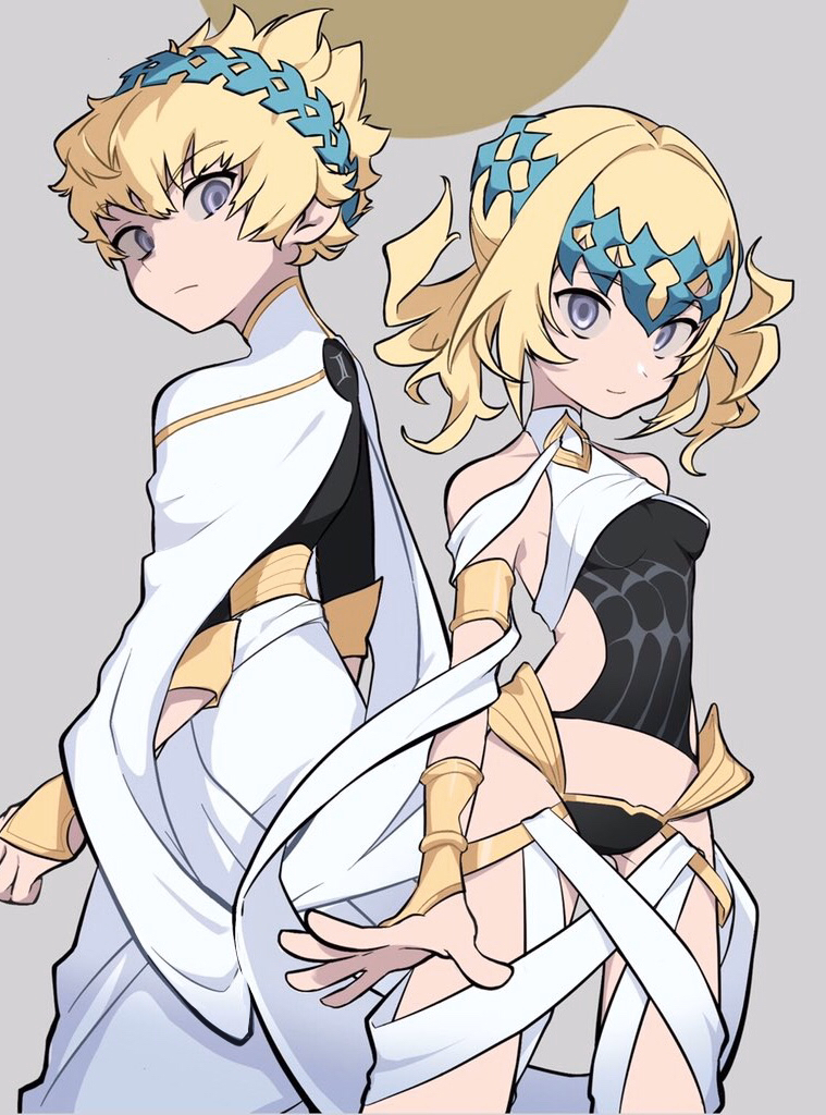 1boy 1girl armlet artist_request back bangs bare_shoulders black_shirt blonde_hair blue_eyes bracer breasts brother_and_sister castor_(fate/grand_order) closed_mouth diadem fate/grand_order fate_(series) grey_background halter_top halterneck looking_at_viewer medium_hair pollux_(fate/grand_order) shirt short_hair siblings simple_background small_breasts smile thighs twins white_robe