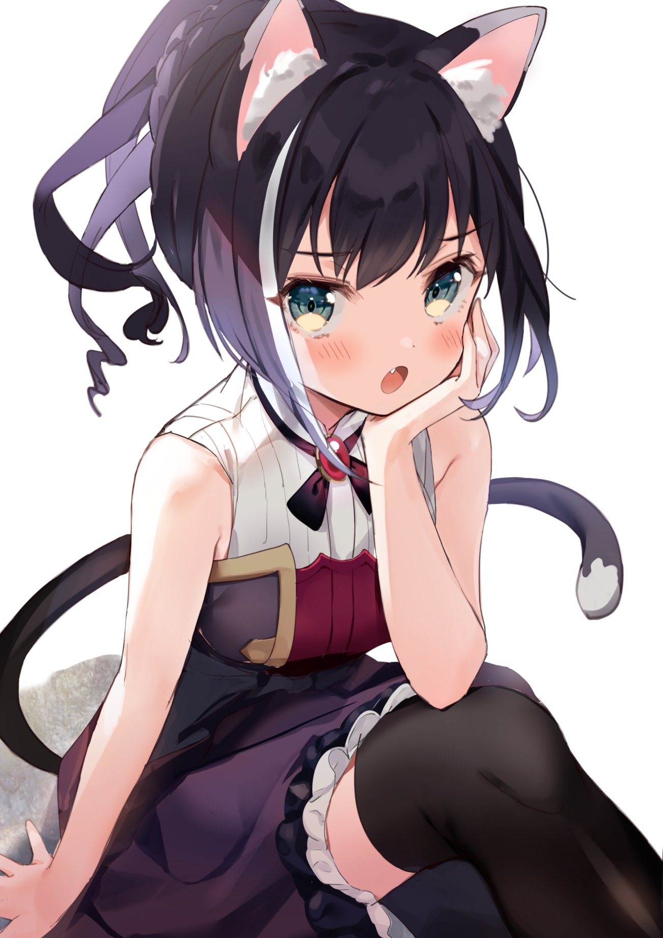 1girl :o animal_ear_fluff animal_ears arm_support bangs black_dress black_hair black_legwear blush braid cat_ears cat_girl cat_tail dress fang french_braid furrowed_eyebrows green_eyes hair_strand hand_on_own_cheek highres kanda_done karyl_(princess_connect!) knee_up long_hair looking_at_viewer multicolored_hair open_mouth princess_connect! simple_background sitting sleeveless sleeveless_dress streaked_hair tail thigh-highs white_background white_hair