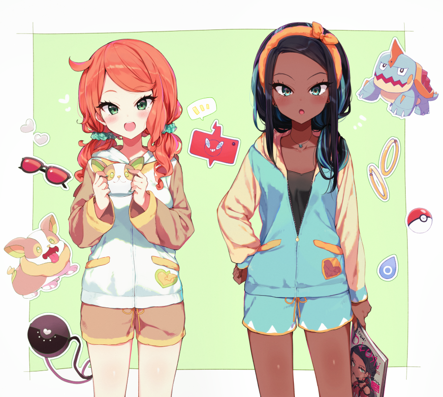 2girls :d :o alternate_costume aqua_nails black_hair blue_hair blush collarbone commentary_request cowboy_shot dark_skin drednaw earring_removed eyebrows_visible_through_hair eyewear_removed gen_4_pokemon gen_8_pokemon green_background green_eyes hair_ornament hair_scrunchie hairband hand_on_hip heart holding holding_magazine hood hood_down jewelry long_hair long_sleeves looking_at_viewer low_twintails magazine multicolored_hair multiple_girls open_mouth orange_hair orange_hairband pajamas pendant poke_ball poke_ball_(generic) pokemon pokemon_(creature) pokemon_(game) pokemon_swsh rotom rotom_phone rurina_(pokemon) scrunchie shinoba shorts smile sonia_(pokemon) sunglasses twintails two-tone_hair yamper