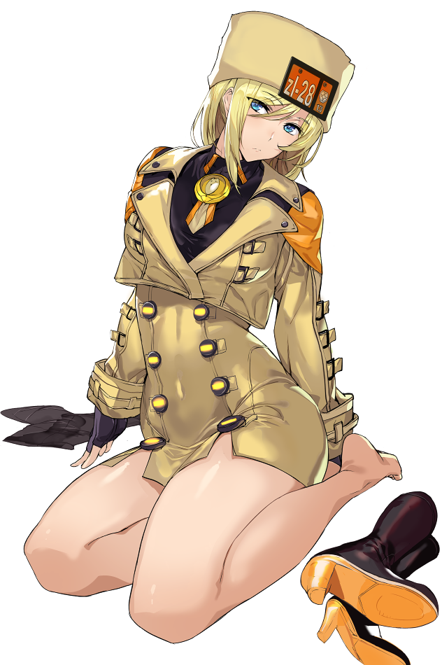 1girl ashiomi_masato barefoot black_gloves black_legwear blonde_hair blue_eyes boots_removed breasts covered_navel eyebrows_visible_through_hair fingerless_gloves gloves guilty_gear guilty_gear_strive hair_between_eyes hat jacket legwear_removed long_hair looking_at_viewer millia_rage simple_background solo white_background yellow_eyes