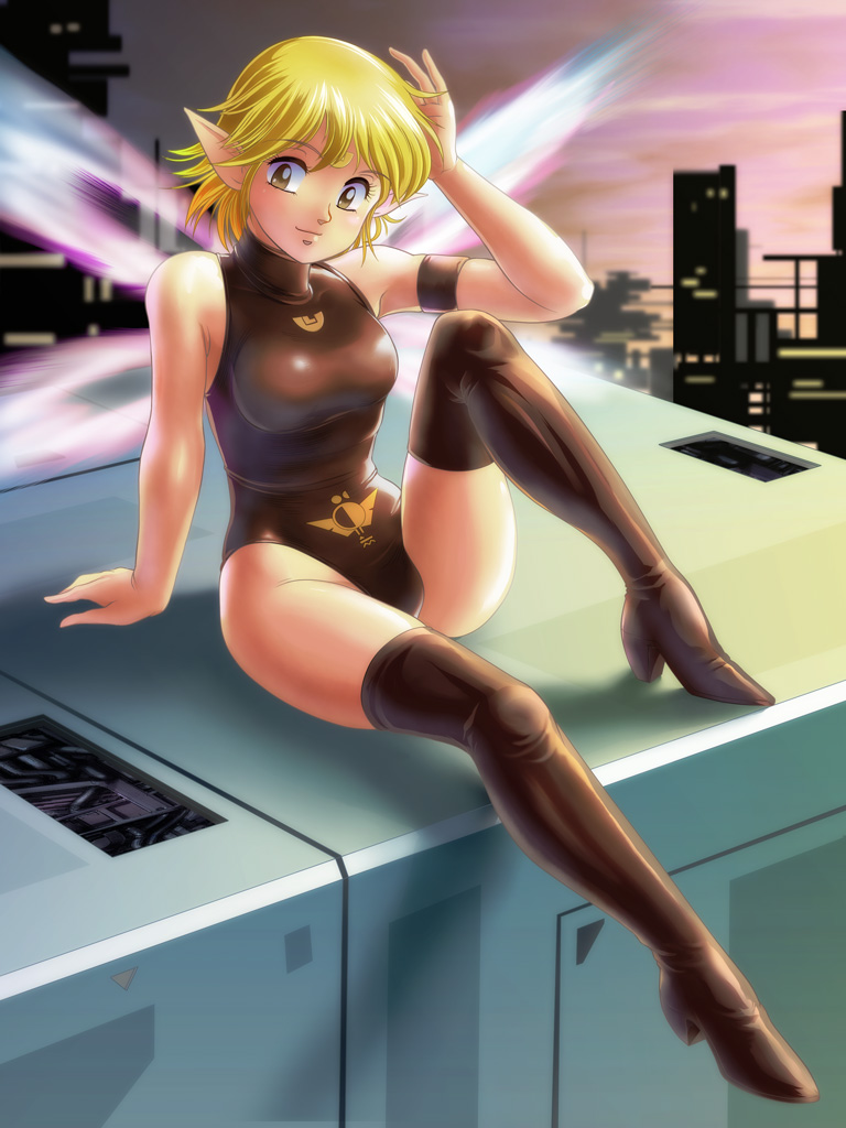 1girl blonde_hair bodysuit boots breasts character_request closed_mouth fairy fairy_wings leotard looking_at_viewer oldschool pointy_ears short_hair skin_tight smile solo tamanegiinyo thigh-highs thigh_boots turtleneck wings