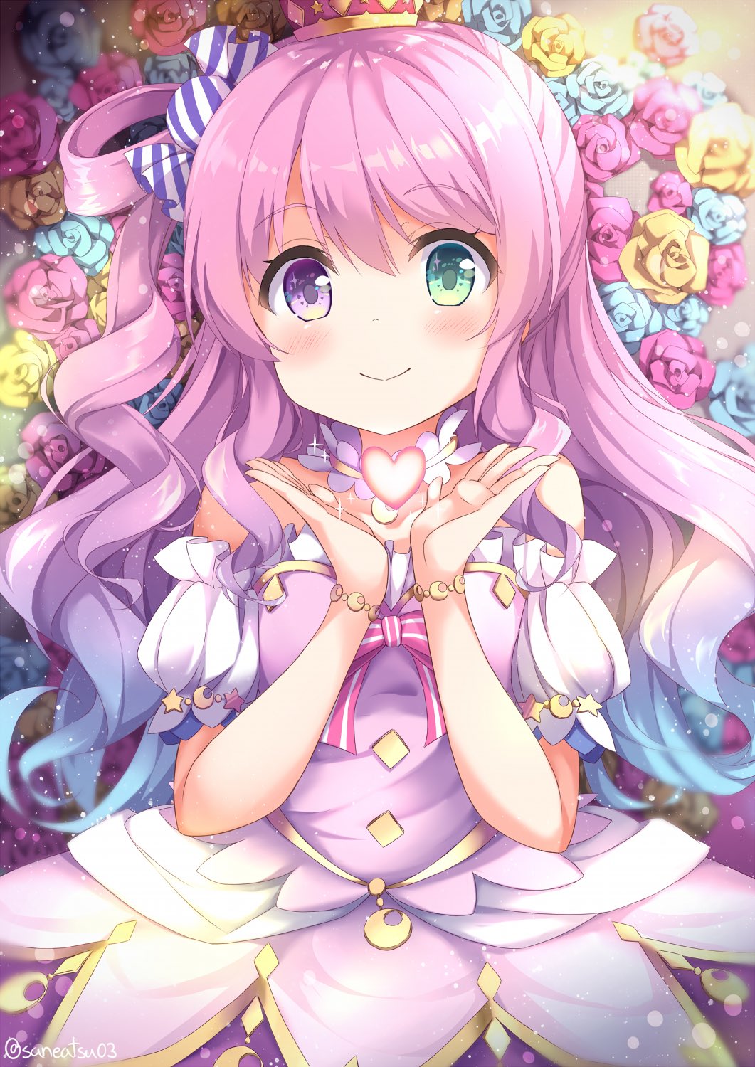 1girl blush candy_hair_ornament crown dress flower food_themed_hair_ornament hair_ornament hair_rings heterochromia highres himemori_luna hololive long_hair niwasane_(saneatsu03) pink_hair smile solo twitter_username virtual_youtuber