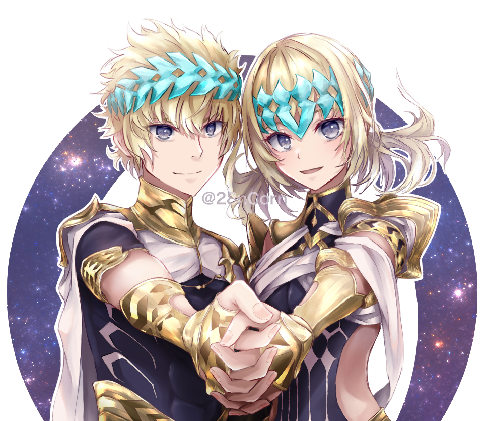 1boy 1girl armlet black_shirt blonde_hair blue_eyes blush bracer breasts brother_and_sister castor_(fate/grand_order) closed_mouth collar diadem fate/grand_order fate_(series) halter_top halterneck holding_hands interlocked_fingers looking_at_viewer medium_hair metal_collar nyaa_kitsune open_mouth pauldrons pollux_(fate/grand_order) shirt short_hair siblings small_breasts smile star starry_background twins white_robe