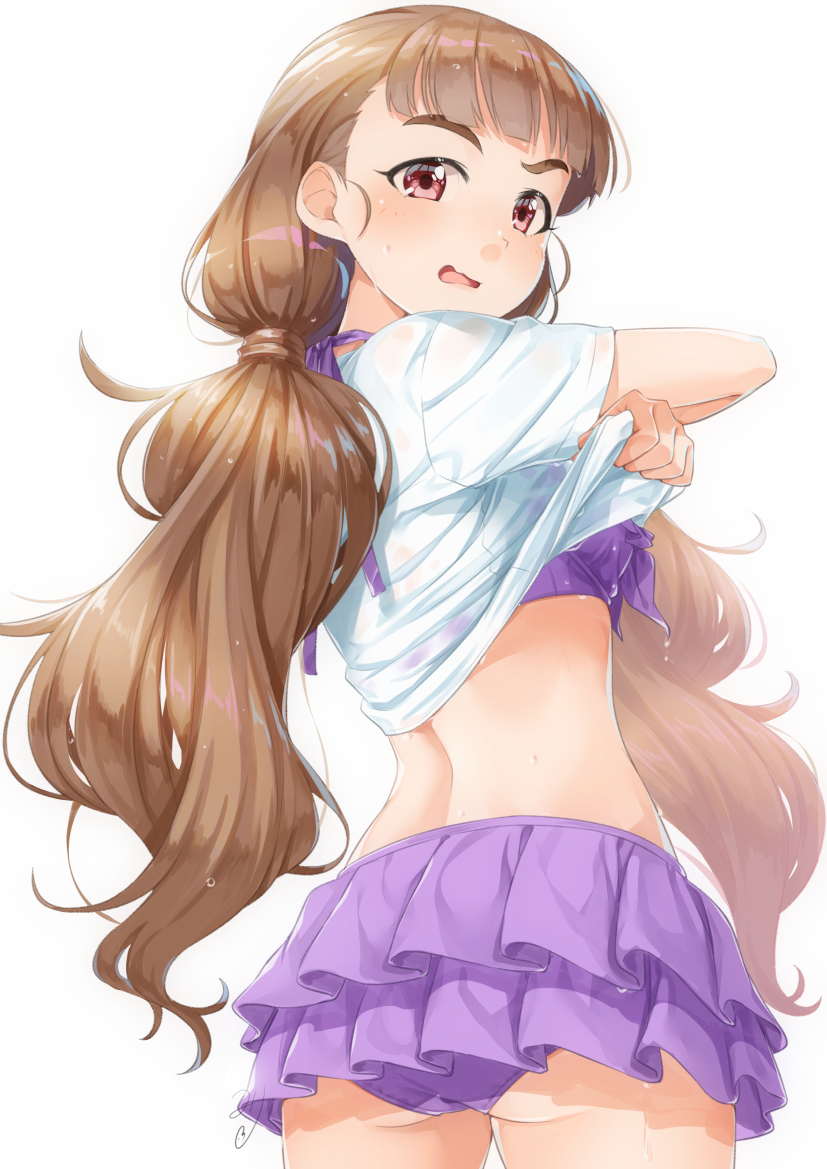 1girl ass bangs bikini bikini_skirt bikini_under_clothes brown_hair commentary_request from_behind idolmaster idolmaster_cinderella_girls kamiya_nao long_hair looking_at_viewer looking_back low_twintails miri_(ago550421) open_mouth purple_bikini red_eyes see-through shirt simple_background solo swimsuit thick_eyebrows twintails undressing very_long_hair wet wet_clothes wet_shirt white_background white_shirt