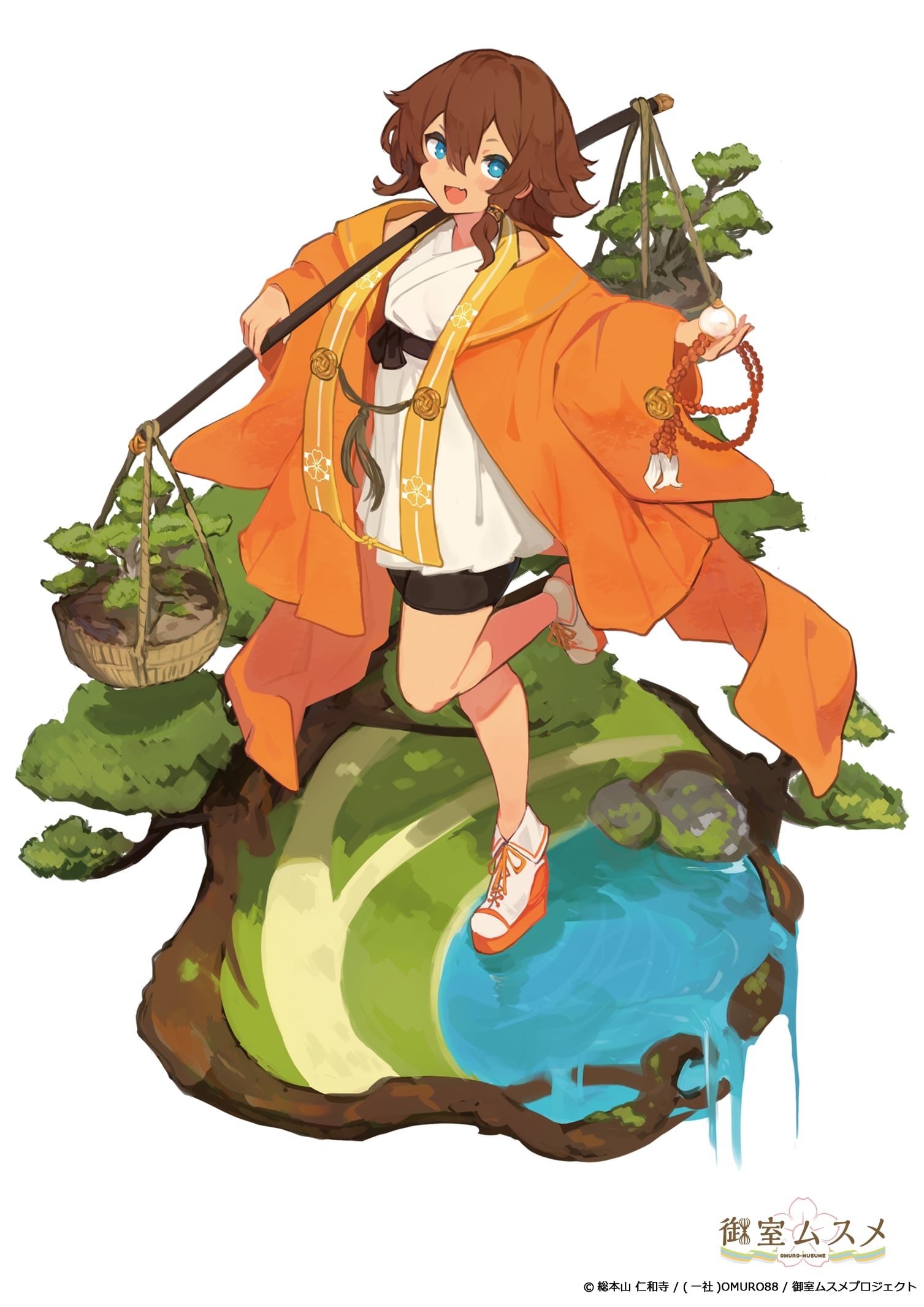 1girl :d blue_eyes bright_pupils brown_hair commentary_request fang full_body hair_between_eyes hair_ornament high_heels highres japanese_clothes kimono lansane leg_up official_art omuro_musume open_mouth original short_hair simple_background skin_fang smile solo standing standing_on_one_leg tree tree_branch water white_background white_footwear white_pupils