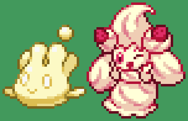 ;d alcremie alcremie_(strawberry_sweet) alcremie_(vanilla_cream) closed_mouth commentary_request creature food fruit full_body gen_8_pokemon green_background jon_(zyagapi) lowres no_humans one_eye_closed open_mouth pixel_art pokemon pokemon_(creature) simple_background smile sprite strawberry