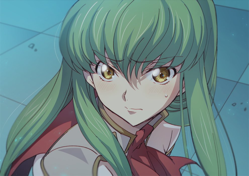 1girl bangs bishoujo_senshi_sailor_moon blush c.c. check_commentary code_geass commentary_request creayus eyebrows_visible_through_hair green_hair long_hair portrait sailor_moon_redraw_challenge sidelocks solo sweatdrop yellow_eyes
