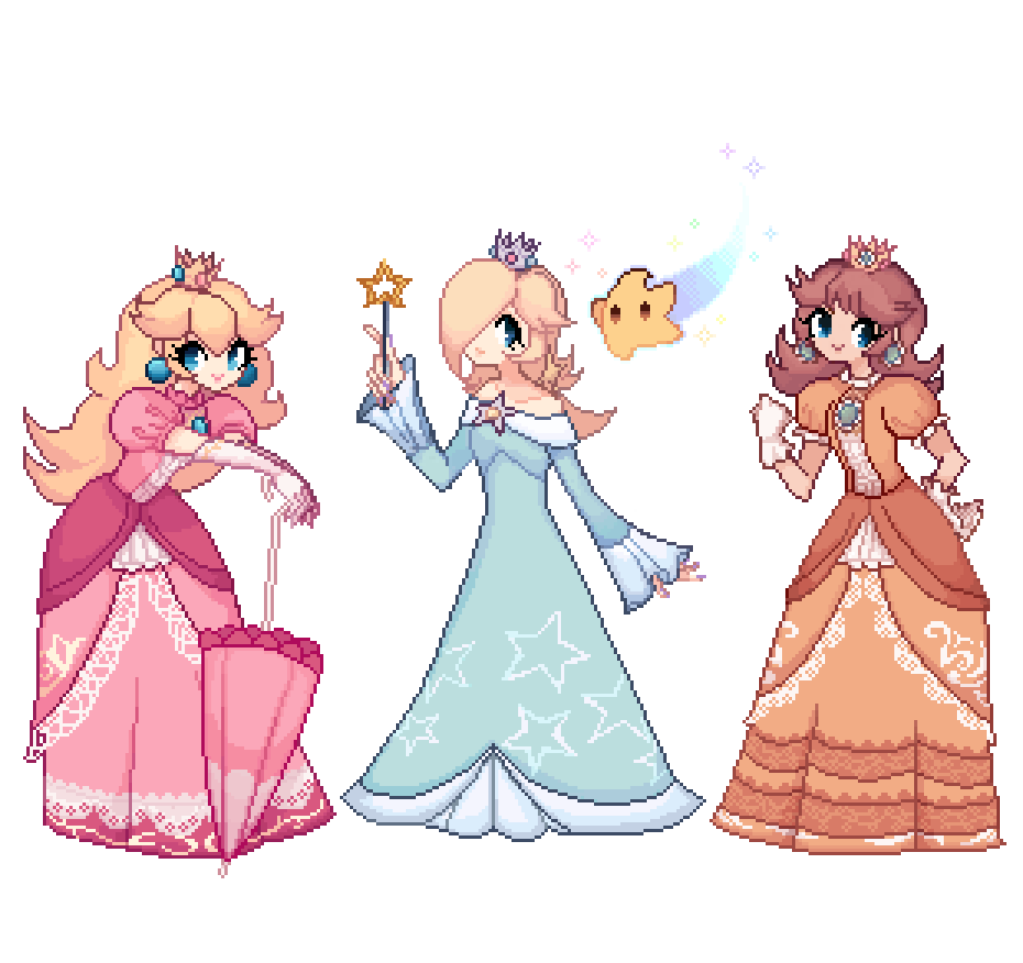 3girls blonde_hair blue_eyes breasts brown_hair charamells chiko_(mario) commentary crown dress english_commentary floating full_body gloves holding holding_umbrella long_dress looking_at_viewer multiple_girls pixel_art princess princess_daisy princess_peach rosalina simple_background small_breasts standing super_mario_bros. super_mario_galaxy super_smash_bros. umbrella white_background