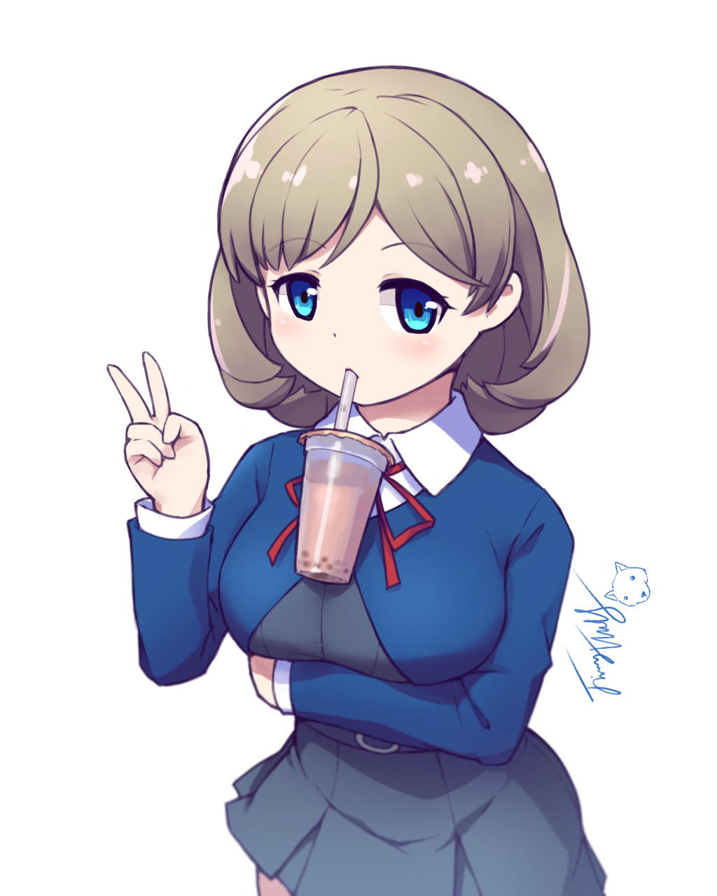1girl arm_under_breasts bangs blue_eyes blue_jacket breast_hold breasts brown_hair bubble_tea bubble_tea_challenge collared_shirt commentary_request cup disposable_cup dress drinking_straw drinking_straw_in_mouth eyebrows_visible_through_hair grey_dress hand_up hello!!!_love_live! highres jacket langbazi long_sleeves looking_at_viewer neck_ribbon object_on_breast pleated_dress red_ribbon ribbon shirt signature simple_background solo tang_keke v white_background white_shirt