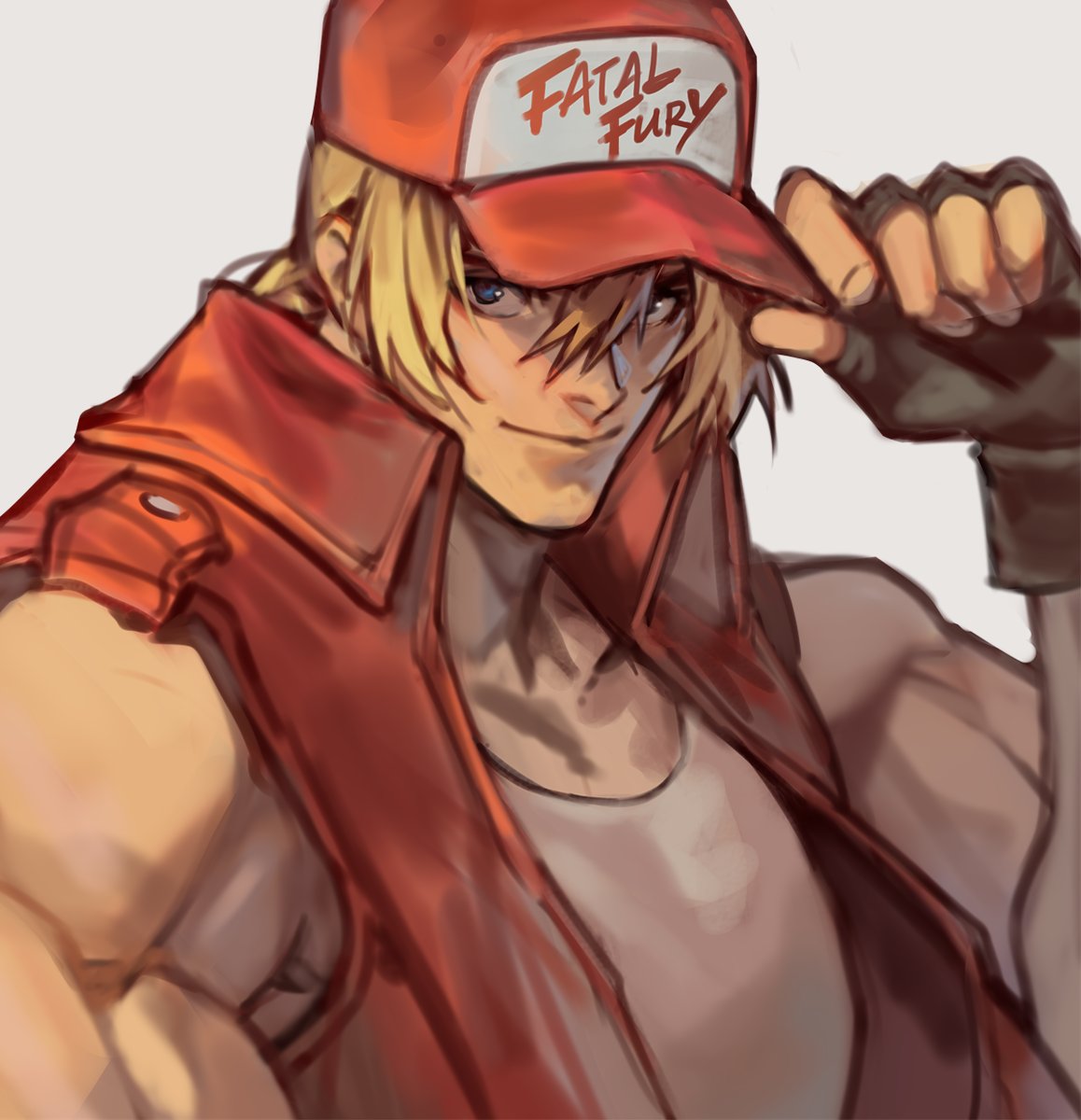 1boy blonde_hair blue_eyes fatal_fury fatal_fury_cap fingerless_gloves gloves hand_on_headwear highres jacket sleeveless solo terry_bogard uncle_rabbit_ii upper_body