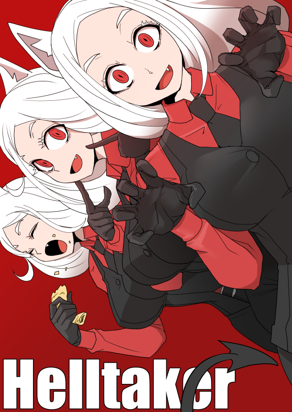 3girls animal_ears black_gloves black_neckwear cerberus_(helltaker) chemical-x claw_pose closed_eyes demon_girl demon_tail dog_ears dog_girl eating english_text fang gloves hand_on_own_face helltaker looking_at_viewer multiple_girls necktie open_mouth red_background red_eyes red_shirt shirt tail triplets waistcoat white_hair