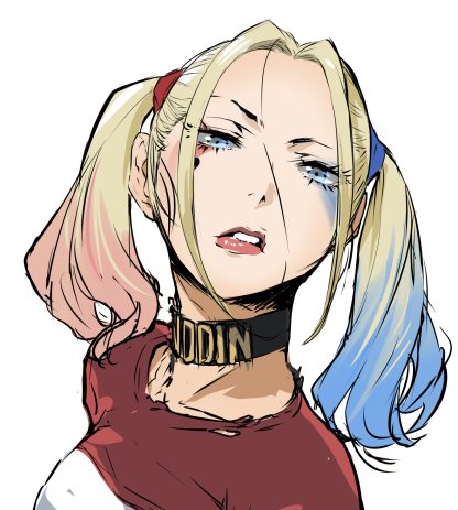1girl blonde_hair blue_eyes breasts enami_katsumi harley_quinn lipstick looking_at_viewer lowres makeup medium_hair multicolored_hair simple_background solo suicide_squad twintails white_background