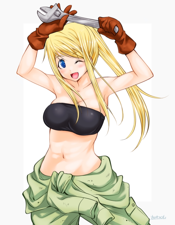 1girl abe_tsukumo armpits blonde_hair blue_eyes blush breasts fullmetal_alchemist gloves long_hair looking_at_viewer one_eye_closed open_mouth ponytail simple_background smile solo strapless tubetop winry_rockbell