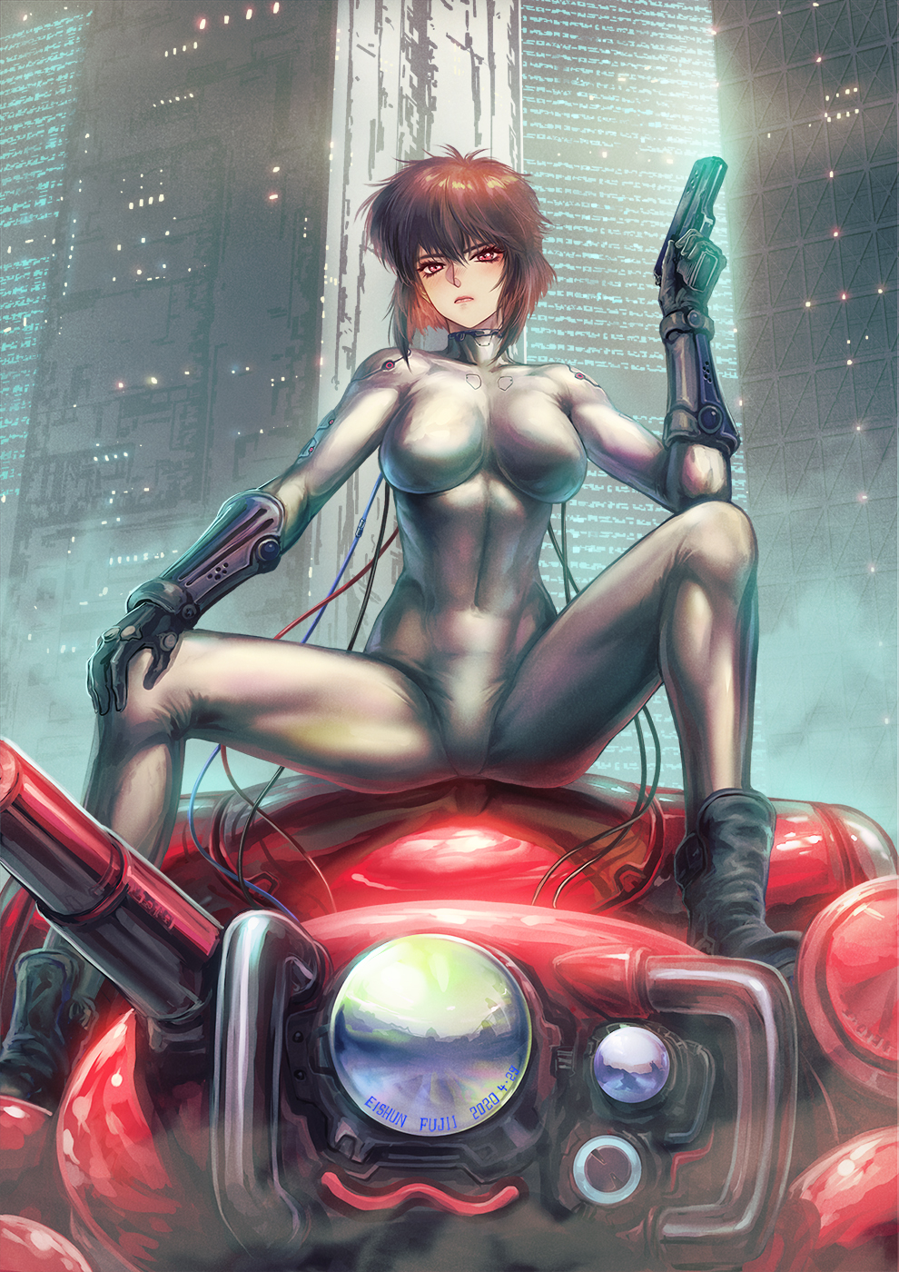 1girl artist_name bangs bob_cut bodysuit boots breasts cable closed_mouth cyberpunk cyborg fuchikoma fujii_eishun ghost_in_the_shell gloves gun handgun highres holding holding_gun holding_weapon kusanagi_motoko large_breasts lips looking_at_viewer red_eyes short_hair sitting solo weapon