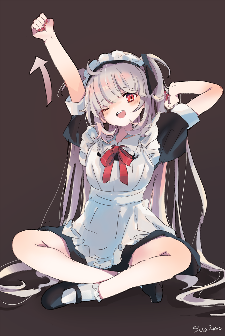 1girl ;d apron arms_up arrow_(symbol) bangs black_dress black_footwear blush bobby_socks bow brown_background collared_dress dress eyebrows_visible_through_hair full_body grey_hair head_tilt highres long_hair maid maid_apron maid_headdress mary_janes nail_polish one_eye_closed open_mouth original puffy_short_sleeves puffy_sleeves red_bow red_eyes red_nails sha2mo shadow shoes short_sleeves signature sitting smile socks solo two_side_up upper_teeth very_long_hair white_legwear